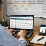 Handlowiec w małej firmie pracuje w CRM na laptopie, obok telefon i notatnik, w tle biuro i tablica z pipeline sprzedaży