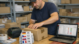 Polski sprzedawca pakuje paczki do wysyłki zagranicznej w magazynie, obok laptop z panelem sklepu i etykiety kurierskie UE