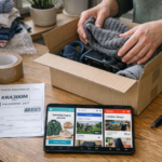 Porównanie platform Vinted, OLX i Allegro Lokalnie - osoba pakuje paczkę z używanymi ubraniami i telefonem, na ekranie widoczne aplikacje marketplace