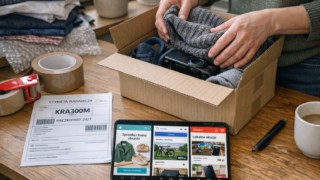 Porównanie platform Vinted, OLX i Allegro Lokalnie - osoba pakuje paczkę z używanymi ubraniami i telefonem, na ekranie widoczne aplikacje marketplace