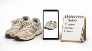 Realistyczne zdjęcie produktowe butów na białym tle, obok smartfon z podglądem wygenerowanej wersji AI oraz karta z checklistą zgodności