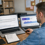 Specjalista SEO analizuje odpowiedzi generatywne w wyszukiwarce AI na ekranie laptopa i dane w Google Search Console