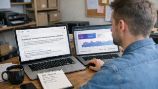 Specjalista SEO analizuje odpowiedzi generatywne w wyszukiwarce AI na ekranie laptopa i dane w Google Search Console