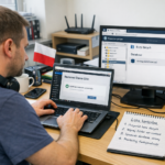 Administrator testuje odtworzenie backupu WordPress na laptopie, obok ekran z panelem hostingu i katalogami wp-content oraz baza danych