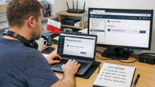 Administrator testuje odtworzenie backupu WordPress na laptopie, obok ekran z panelem hostingu i katalogami wp-content oraz baza danych