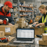 Kurier pakuje paczki w magazynie sklepu internetowego podczas Black Friday, obok monitor z panelem zamówień i etykiety wysyłkowe