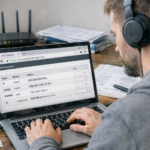 Administrator konfiguruje certyfikat SSL i rekordy DNS dla domeny z www na ekranie laptopa, widoczna kłódka HTTPS w przeglądarce