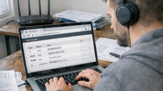 Administrator konfiguruje certyfikat SSL i rekordy DNS dla domeny z www na ekranie laptopa, widoczna kłódka HTTPS w przeglądarce