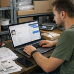 Sprzedawca przy laptopie tworzy ofertę produktu i odpowiada na wiadomości klientów z pomocą ChatGPT