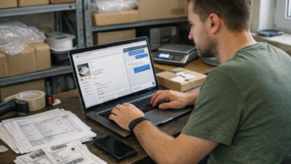 Sprzedawca przy laptopie tworzy ofertę produktu i odpowiada na wiadomości klientów z pomocą ChatGPT