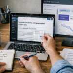 Specjalista SEO aktualizuje stary artykuł w WordPressie, analizując wykresy ruchu w Google Search Console na laptopie