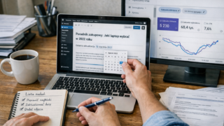 Specjalista SEO aktualizuje stary artykuł w WordPressie, analizując wykresy ruchu w Google Search Console na laptopie