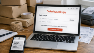 Ekran laptopa z koszykiem zakupowym w sklepie internetowym i powiadomieniem o porzuconym koszyku oraz telefon z SMS przypominającym o zakupie