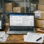 Pracownik e-commerce wystawia fakturę w systemie KSeF na laptopie obok panelu sklepu internetowego i paczek do wysyłki