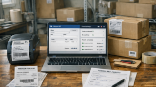 Pracownik e-commerce wystawia fakturę w systemie KSeF na laptopie obok panelu sklepu internetowego i paczek do wysyłki
