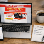 Marketer analizuje landing page promocji na laptopie, obok leży telefon z reklamą i kartka z checklistą wdrożenia