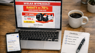 Marketer analizuje landing page promocji na laptopie, obok leży telefon z reklamą i kartka z checklistą wdrożenia