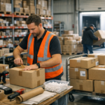 Magazyn e-commerce w szczycie Q4 - pracownik pakuje paczki na stole, w tle regały i kurier odbierający przesyłki