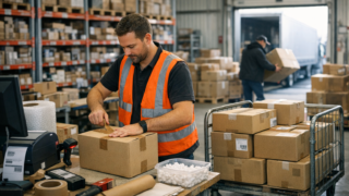 Magazyn e-commerce w szczycie Q4 - pracownik pakuje paczki na stole, w tle regały i kurier odbierający przesyłki