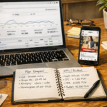 Panel Meta Ads Manager na laptopie obok telefonu z aplikacją Instagram, na biurku notatnik z planem kampanii i wykresami wyników