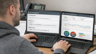 Administrator IT konfiguruje rekordy SPF, DKIM i DMARC w panelu DNS dla domeny firmowej i analizuje raporty poczty na laptopie