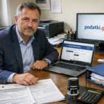 Przedsiębiorca wypełniający formularz VAT-R przy laptopie z fakturami i kalkulatorem - przygotowanie do rejestracji VAT i JPK