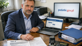 Przedsiębiorca wypełniający formularz VAT-R przy laptopie z fakturami i kalkulatorem - przygotowanie do rejestracji VAT i JPK