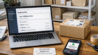 Klient odbiera punkty lojalnościowe w sklepie internetowym na ekranie laptopa, obok paczka z zamówieniem i karta z kodem rabatowym