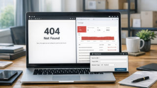 Ekran WordPress z komunikatem błędu 404 na stronie i panel z listą adresów URL do przekierowania
